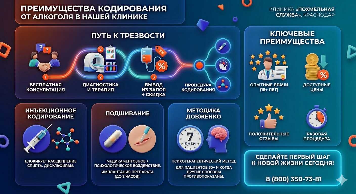 Инфографика о методах кодирования от алкоголя в Ряжске: инъекции, подшивание, метод Довженко. Преимущества клиники и этапы лечения.